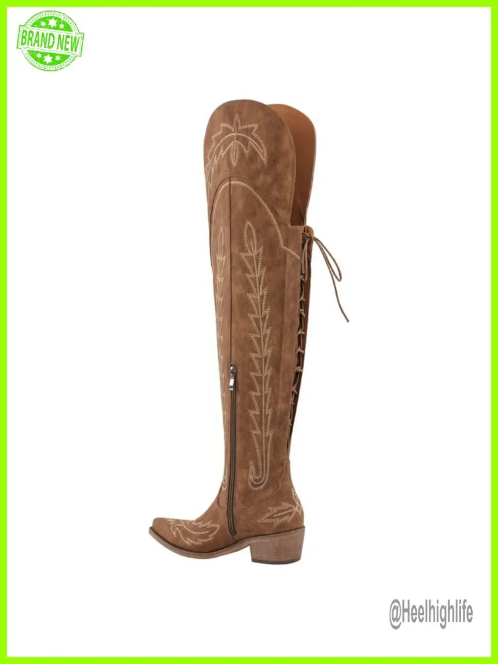 Thigh High Wide Calf Cowgirl Boots Lace Up Embroidered Chunky Heel